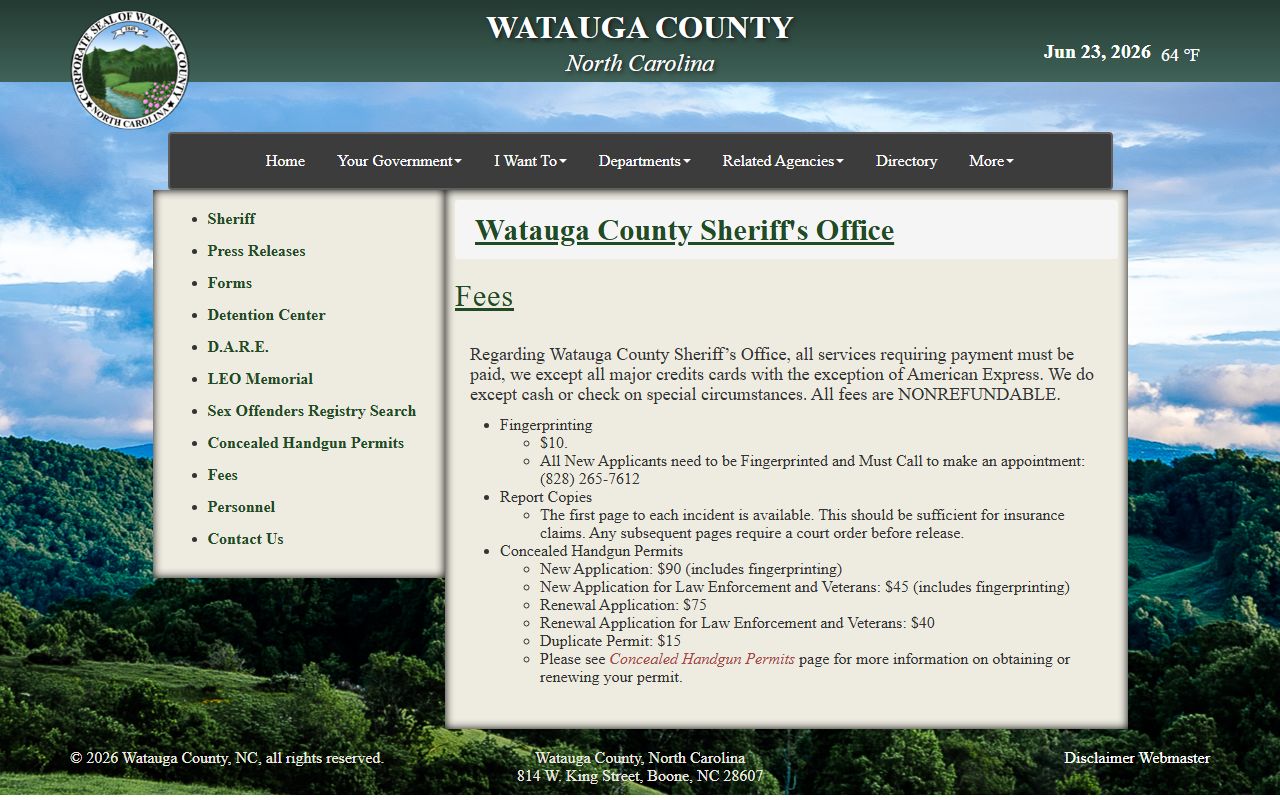 Watauga County jail mugshots sheriff fee and records page